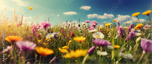Photo real as Spring Revival A meadow bursting with spring flowers symbolizing new beginnings. in nature and landscapes theme ,for advertisement and banner ,Full depth of field, high quality ,include 