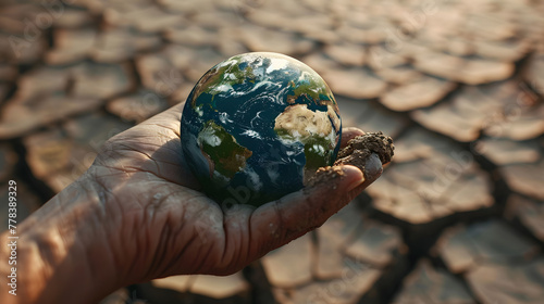 A hand holding the earth on a dry cracked background