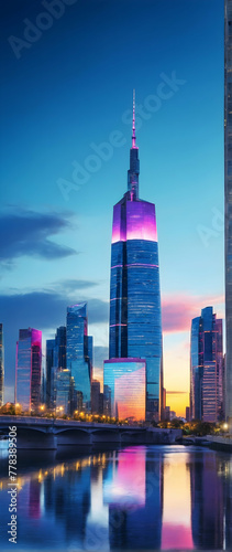 Photo real as Urban Panorama The urban skyline glows reflecting the city vibrant pulse. in nature and landscapes theme ,for advertisement and banner ,Full depth of field, high quality ,include copy sp