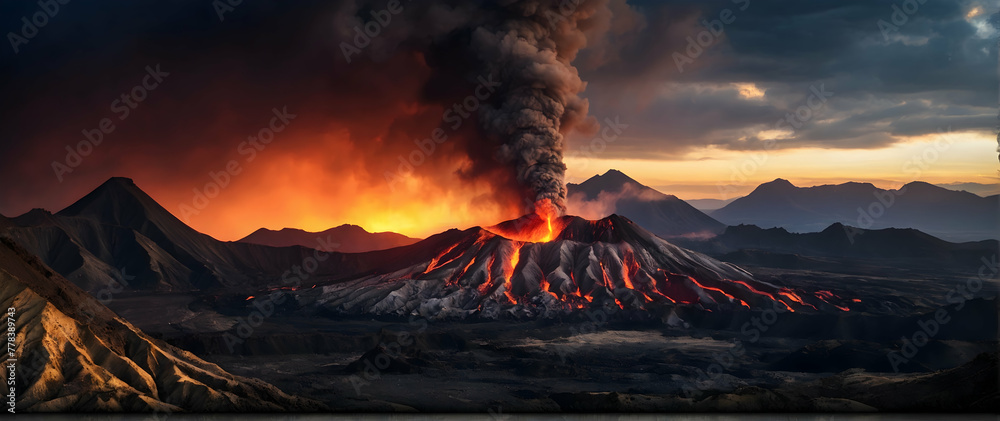 Photo real as Volcanic Vistas The dramatic landscapes formed by volcanic terrain where earth meets fire. in nature and landscapes theme ,for advertisement and banner ,Full depth of field, high quality