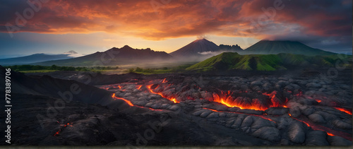 Photo real as Volcanic Echoes The raw power of volcanic terrain captured in the early dawn light. in nature and landscapes theme ,for advertisement and banner ,Full depth of field, high quality ,inclu