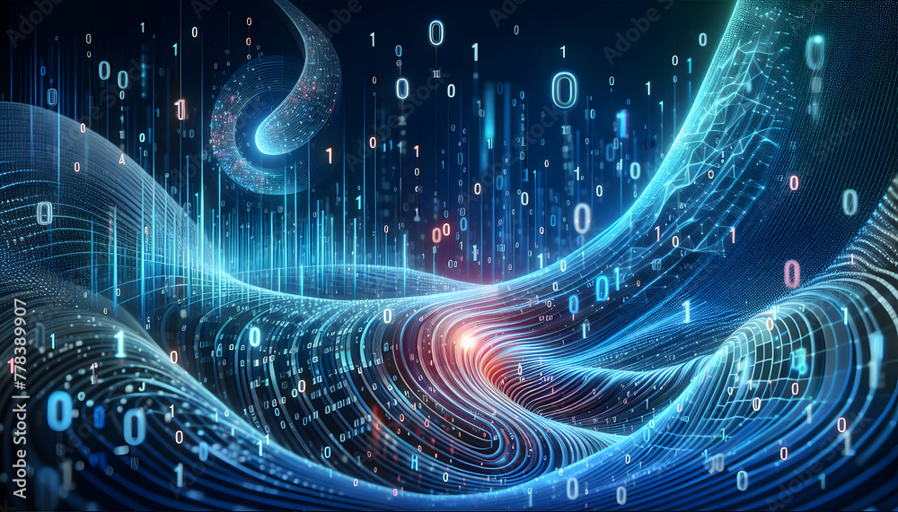 for advertisement and banner as Binary Wave A wave of binary code cascades symbolizing data flow. in digital simple backdrop theme ,Full depth of field, high quality ,include copy space on left, No n for advertisement and banner as Binary Wave A wave of binary code cascades symbolizing data flow. in digital simple backdrop theme ,Full depth of field, high quality ,include copy space on left, No n