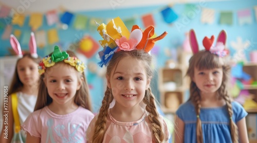 happy girls with flower crowns are smiling at a table adorned with Easter eggs, sharing in the joy of a fun arts and crafts event AIG42E
