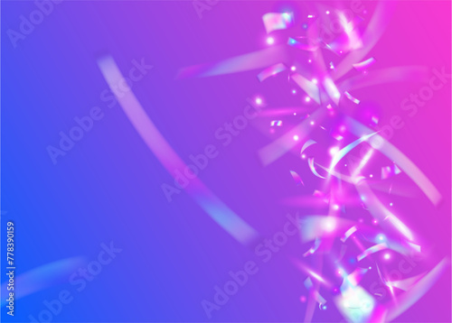 Anniversary Ribbon. Blue Light Glitter. Laser Holographic Explosion. Digital Design. Foil Pattern. Unicorn Poster. Party Burst. 3d Background. Pink Anniversary Ribbon