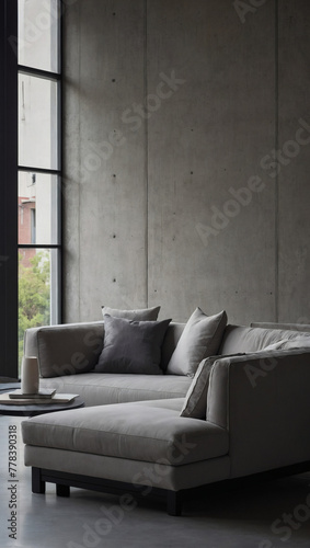 Sofa and table captured in a close-up against a window and concrete wall backdrop, embodying the minimalist loft aesthetic of this modern living room. © xKas