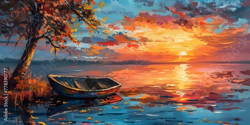 a boat on water with a sunset photo