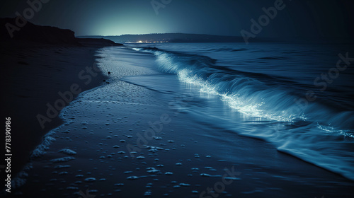 Sea water that hits the shore And the glow from the plankton creates a beautiful light on the beach.