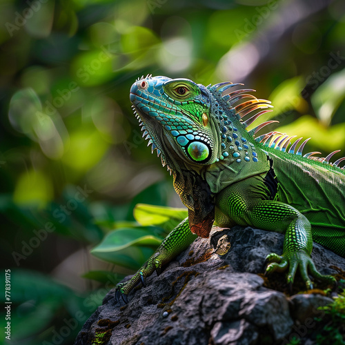 Vivid Green Iguana Perched on Rock, Tropical Wildlife © AIRina