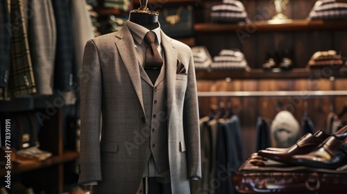A sophisticated men's suit ensemble featuring a tailored blazer, waistcoat, and trousers, paired with a crisp dress shirt and polished leather shoes, exuding refined elegance and charm. photo