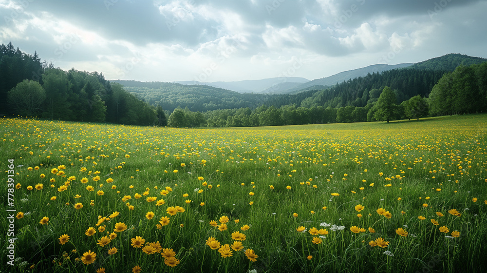 summer landscape with alpine meadows decorated with green grass and yellow wildflowers, against a background of distant mountains and clouds. Wallpaper, background or banner, environmental protection