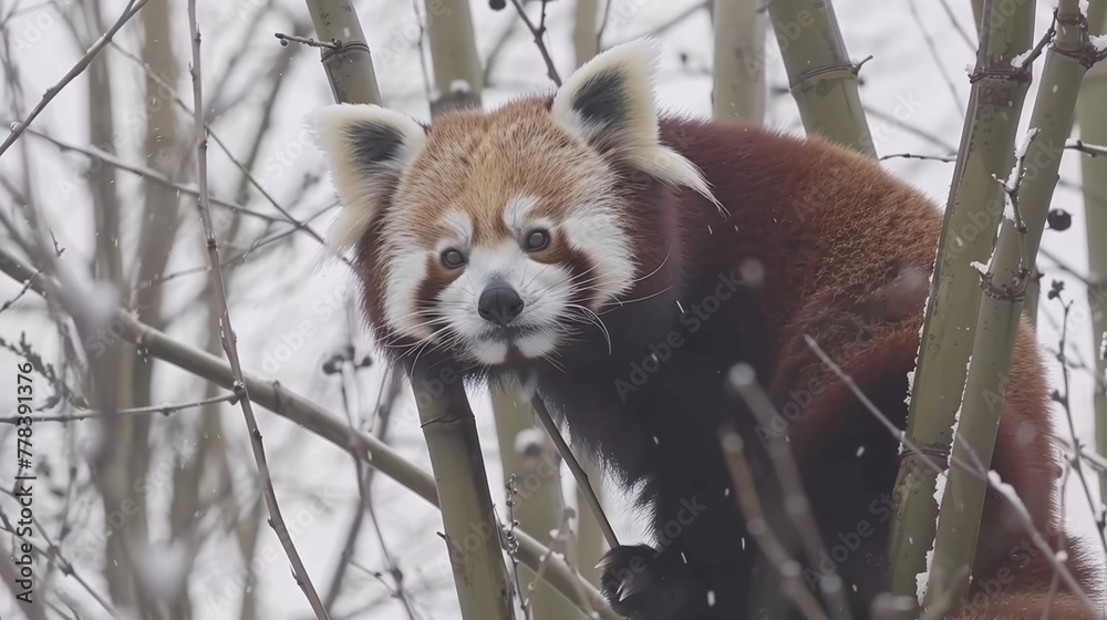 Fototapeta premium a close up of a red panda in a tree with snow on it's branches and looking at the camera.