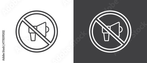 Simple Line Icon of No megaphone, Vector illustration of  crossed out circular no traffic sign with sound icon inside. No horn symbol. No loud sound symbol icon in black and white background.