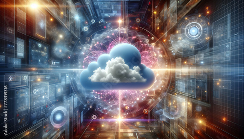 for advertisement and banner as Quantum Cloud Quantum computing elements merge with cloud imagery for a futuristic look. in Digital Cloud Computing background theme ,Full depth of field, high quality 