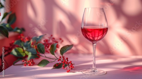 Red wine glass Romantic composition with leaf shadows on pastel pink background on sunny day Party concept