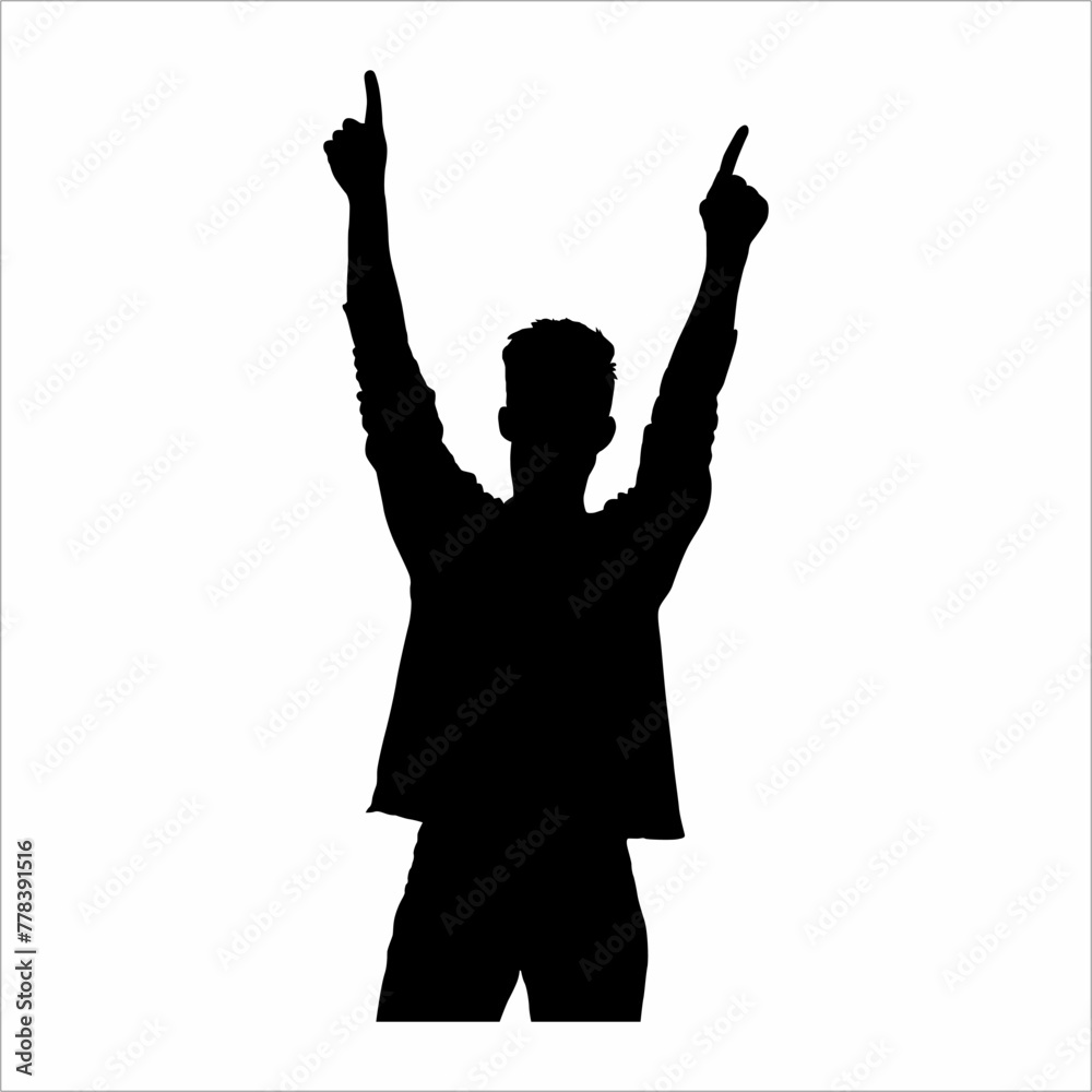 Silhouette of a man raising his hands, happy, successful, music, disc jockey, music hall Silhouette of a man raising his hands, happy, successful, music, disc jockey, music hall