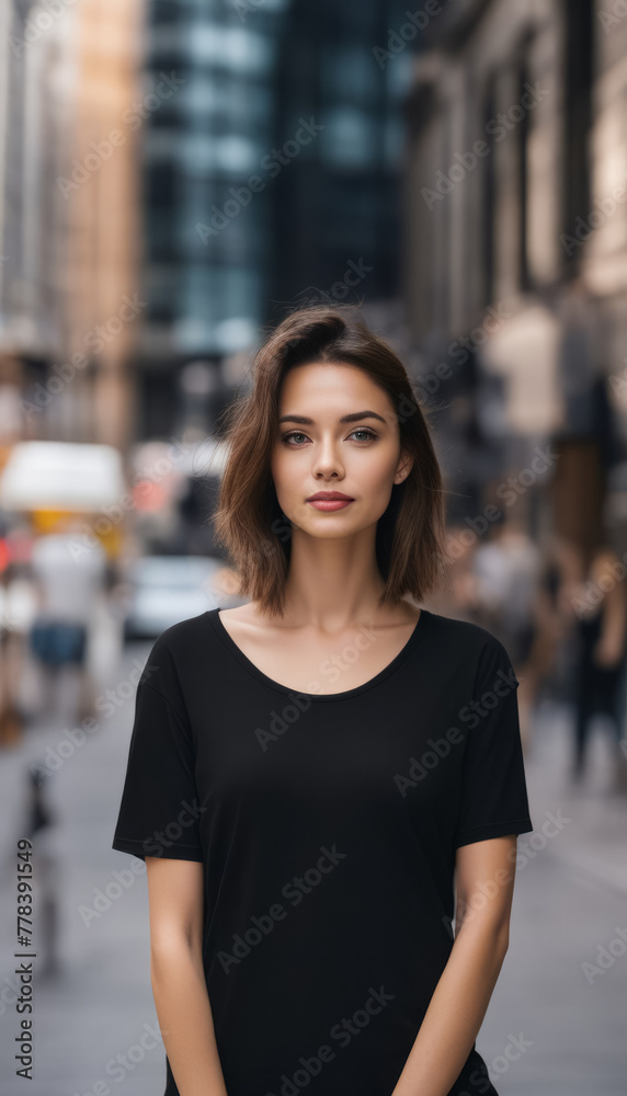 Girl on city street in a black T-shirt
