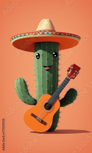 Cactus with sombrero and guitar. Cinco de mayo illustration