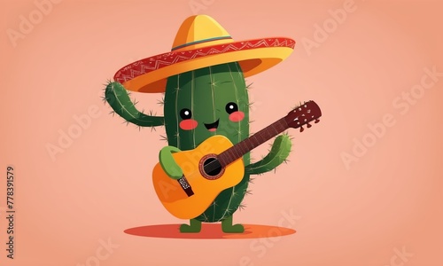 Mexican Cactus with a guitar and a Mexican sombrero.