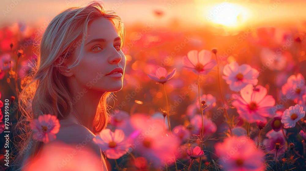 summer sunrise blooming pink meadow flowers Beautiful cosmos flower field view at sunset time.