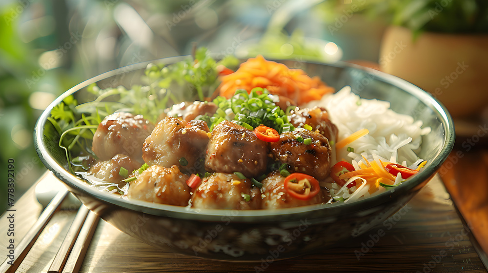 Vietnamese Pho Bo Beef Pho on Decorated Table Vietnamese Pho Bo Beef Pho on Decorated Table
