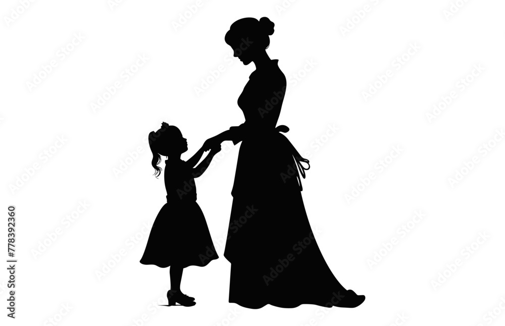 Mother and daughter Silhouette Vector, Mom and girl black Silhouette isolated on a white background