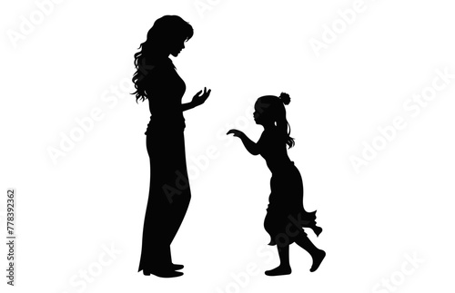 Mother and daughter Silhouette isolated on a white background, Mom and girl black silhouette
