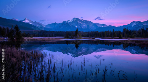 Twilight Tranquility: Reflection of Mountain Range at Dusk photo