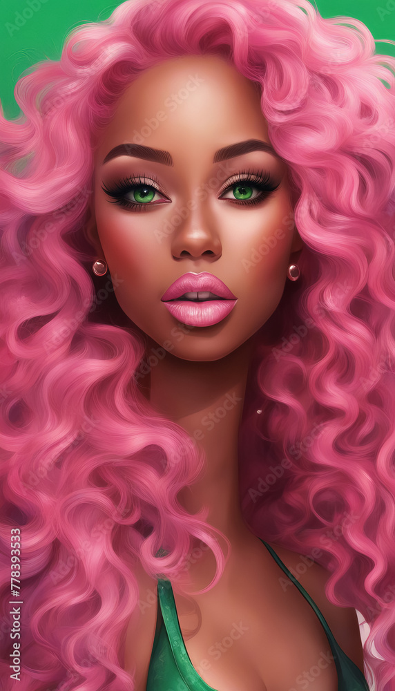 Pink hair and green background. Portrait of a girl with makeup