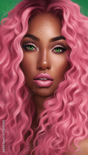 Portrait of a girl with pink hair and green eyes