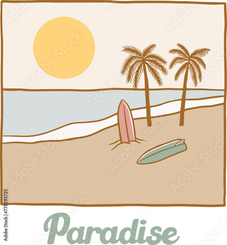 Surfing beach vintage illustration. Summer beach hand drawn. Tropical paradise illustration for t shirt design, apparel, poster, postcard, greeting, invitation. Summer beach background