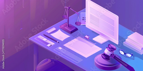An isometric illustration of an AI system creating documents for a lawyer