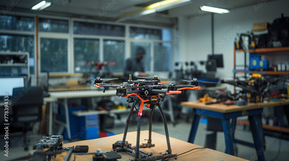 Fototapeta premium Advanced Racing Drone on Workbench in Technology Lab
