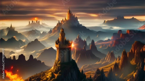 A wizard on the balcony of a magic tower repelling a dragon attack on the tower amidst a landscape of ruined battlements photo