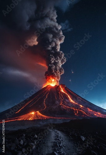 Strong volcanic eruption at night,