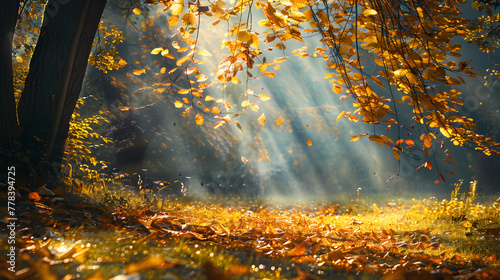 Autumn landscape with golden leaves and rays of sunlight