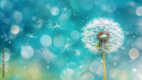 Beautiful dandelion closeup on blue and green background. macro photo of fluffy white seeds flying in the wind