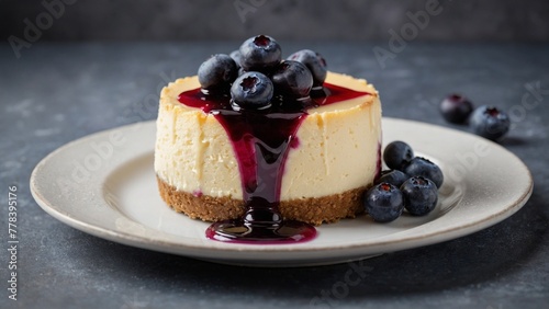 Round molded single serve piece cheesecake cake slice with blueberry sauce and blueberries on top on a white plate with a simple background
