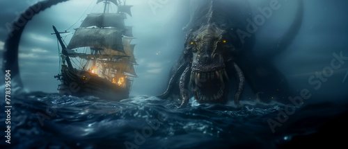 Kraken attack pirate ship in the middle of the dark ocean on misty background, fantasy illustration, massive tentacles