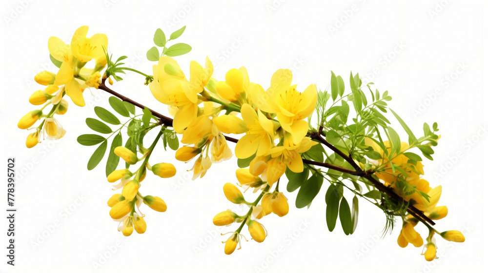 Blossoming acacia with leafs isolated on white back