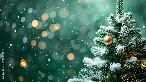 Christmas tree with snow and decorations on a green background with a bokeh effect. Christmas concept banner in the style of a wide format