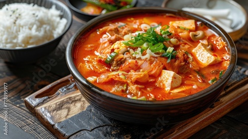 A vibrant bowl of spicy kimchi jjigae, with fermented cabbage, tofu, and pork simmered in a fiery red broth, served with a bowl of steamed rice 