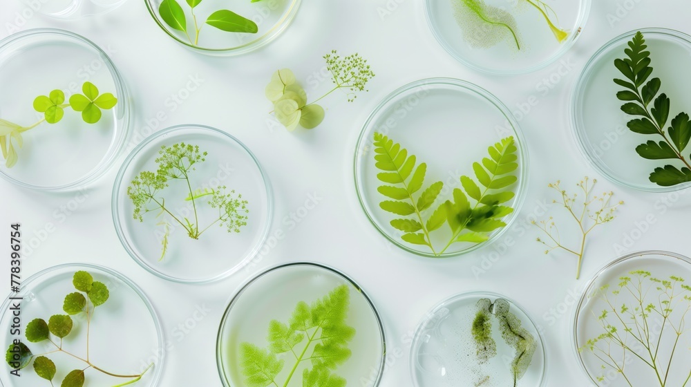 Petri dishes with different plants and cosmetic products on white background, top view Petri dishes with different plants and cosmetic products on white background, top view