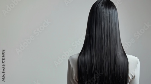 back view of young woman with smooth long hair isolated on grey, banner