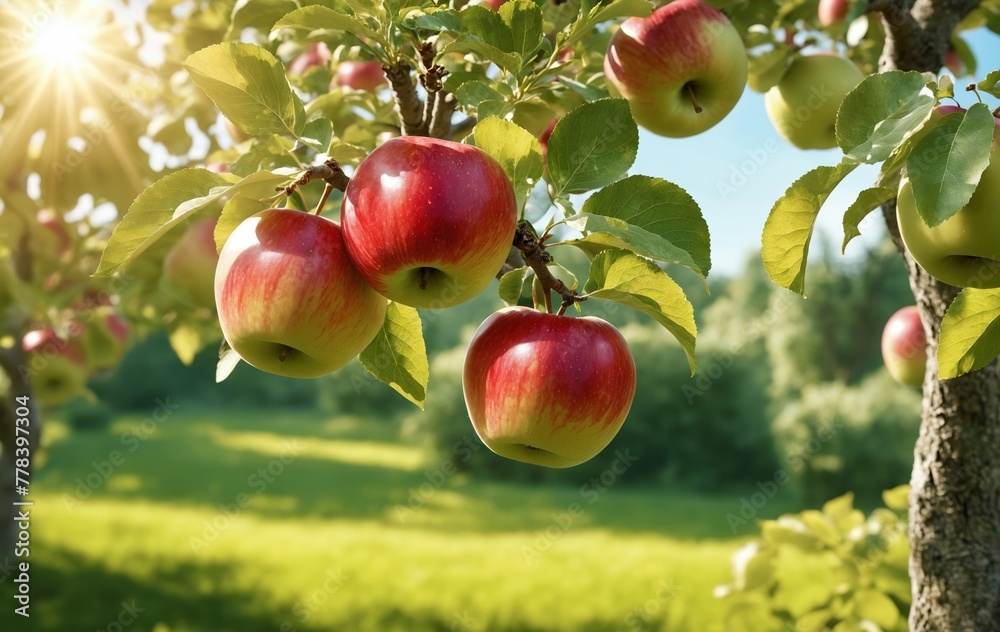 Ripe apples on apple tree in orchard, closeup view Ripe apples on apple tree in orchard, closeup view