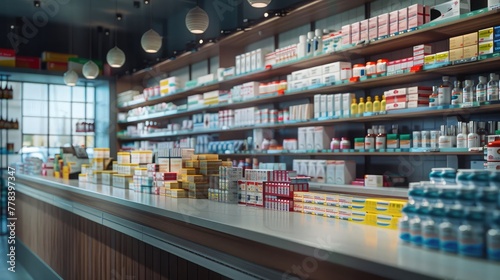A well-organized pharmacy counter showcasing rows of neatly arranged prescription medications and over-the-counter drugs, ready to serve the needs of customers. © sania
