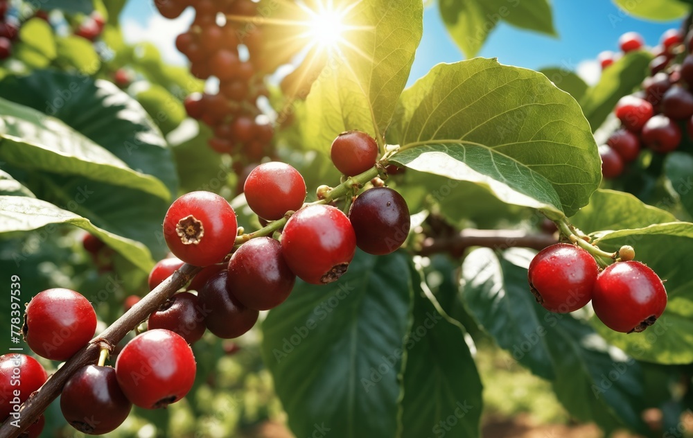 Coffee tree with ripe berries on sunny day. Nature background Coffee tree with ripe berries on sunny day. Nature background