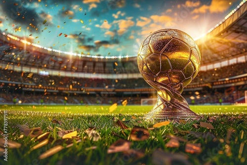 Golden soccer ball on the green grass of the football stadium at sunset. The concept of sport, competition and championship. Copy space. photo