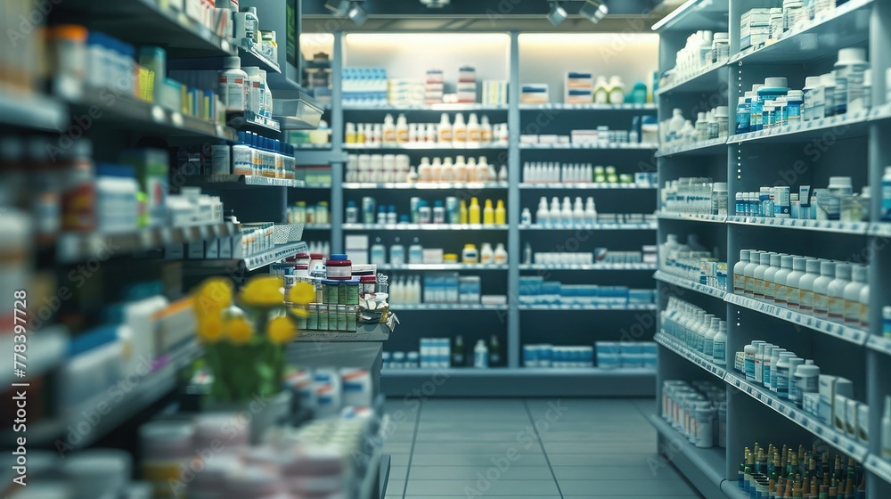 A well-organized pharmacy counter showcasing rows of neatly arranged prescription medications and over-the-counter drugs, ready to serve the needs of customers.