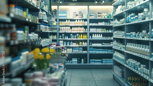 A well-organized pharmacy counter showcasing rows of neatly arranged prescription medications and over-the-counter drugs, ready to serve the needs of customers. photo