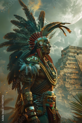 An Aztec warrior in a feathered headdress stands in front of a pyramid. The man is dressed in traditional Indian clothing and he is a warrior. The image has a sense of mystery and adventure